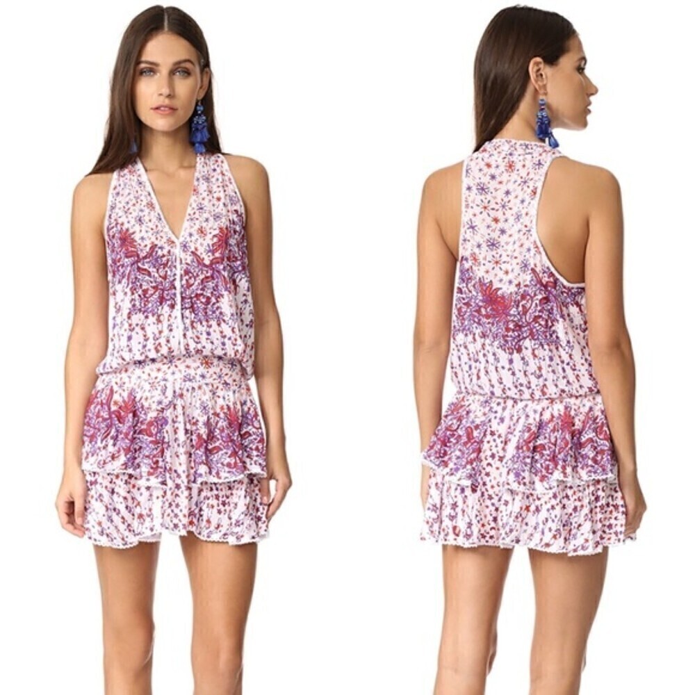 Poupette St. Barth Jolie Sleeveless Tiered Mini Dress White & Purple Size Small